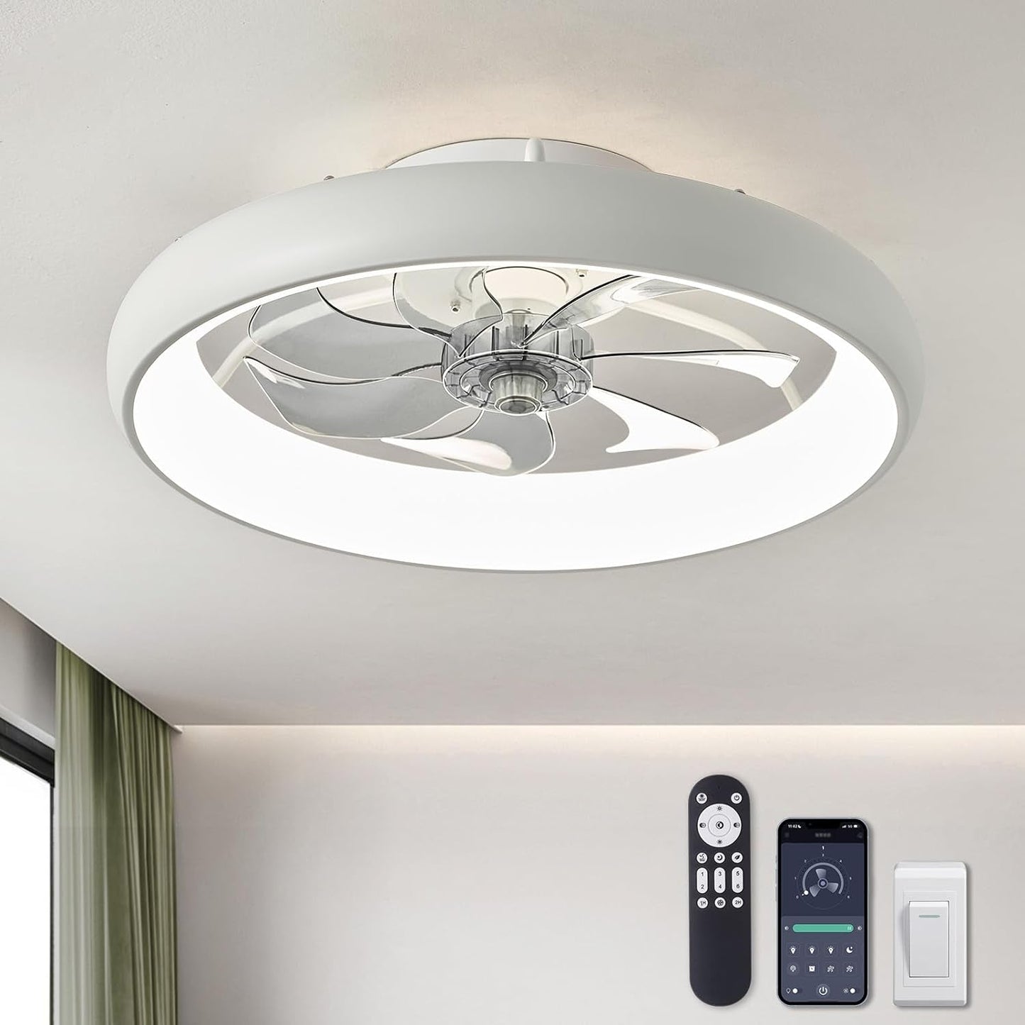 Ceiling Fans with Lights and Remote, 20'' Low Profile Flush Mount