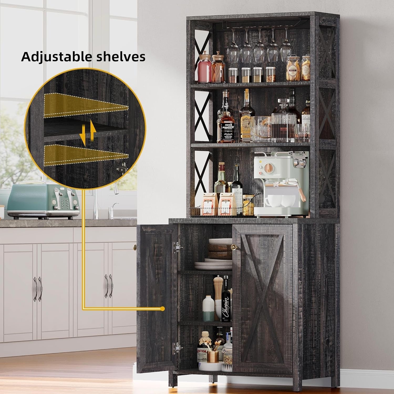 67" Tall Wine Bar Cabinet for Liquor and Glasses, Farmhouse Kitchen - Festival Furnish