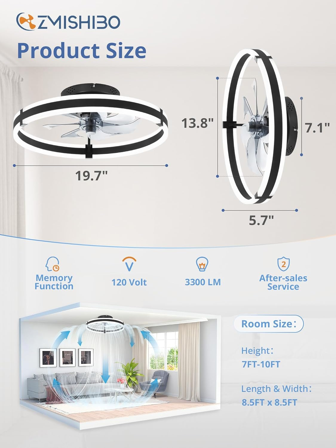 Ceiling Fans with Lights and Remote, 19.7'' Low Profile Ceiling Fans, - Festival Furnish