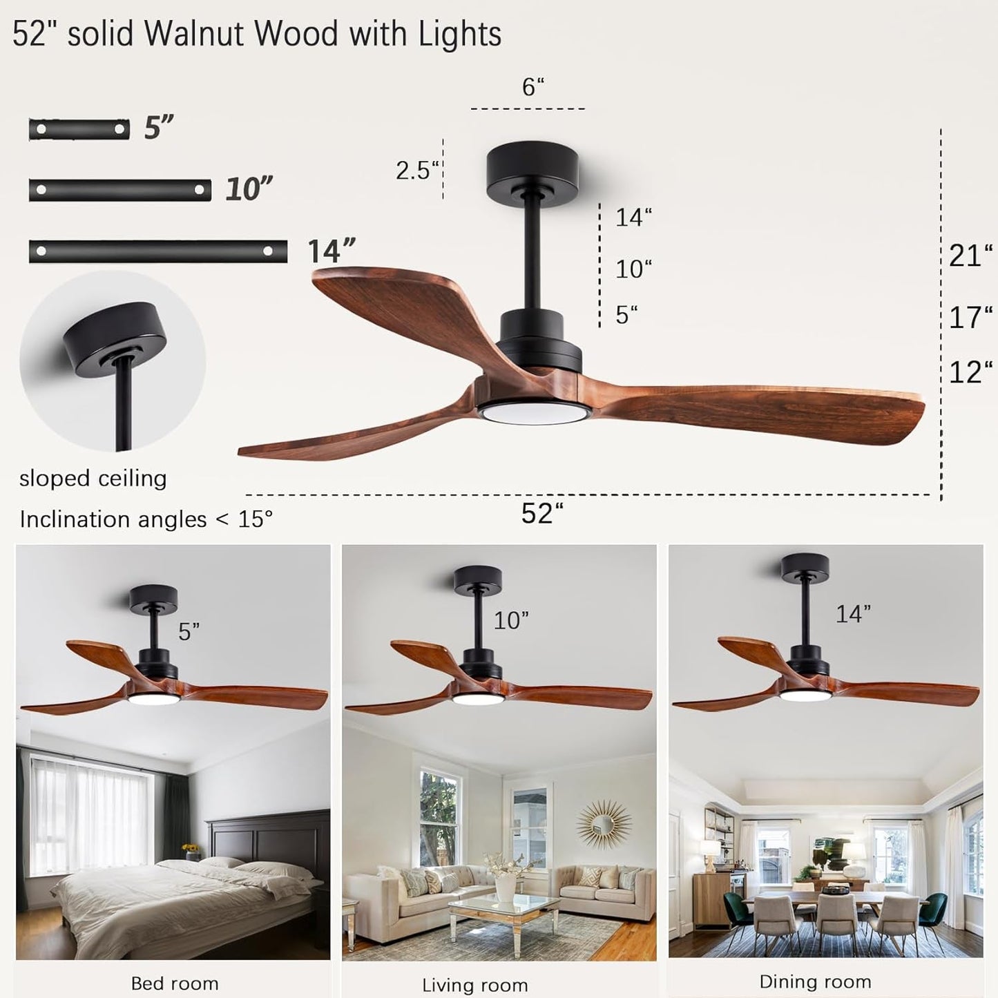 52" Wood Ceiling Fan, (With Light with Remote Control) with 3 Solid - Festival Furnish