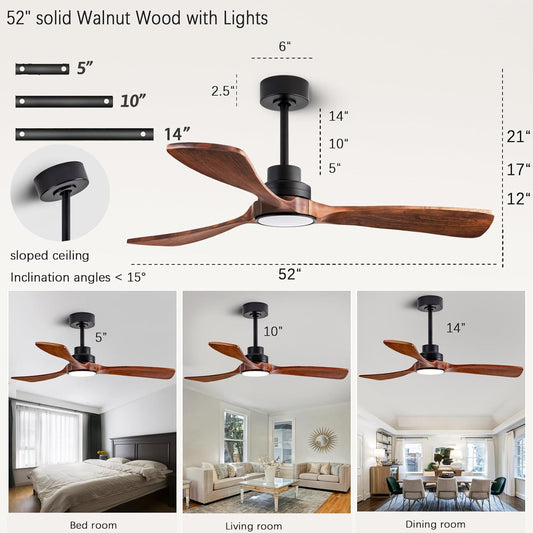 52" Wood Ceiling Fan, (With Light with Remote Control) with 3 Solid - Festival Furnish