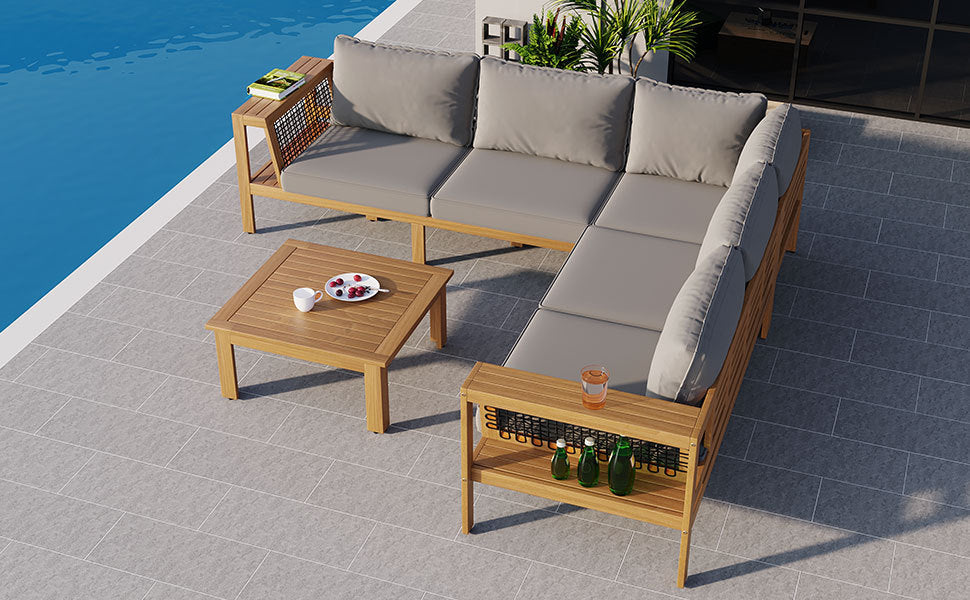 4 Pieces Outdoor Acacia Wood Sofa Set, Woven Mesh Armrests, L-Shaped - Festival Furnish
