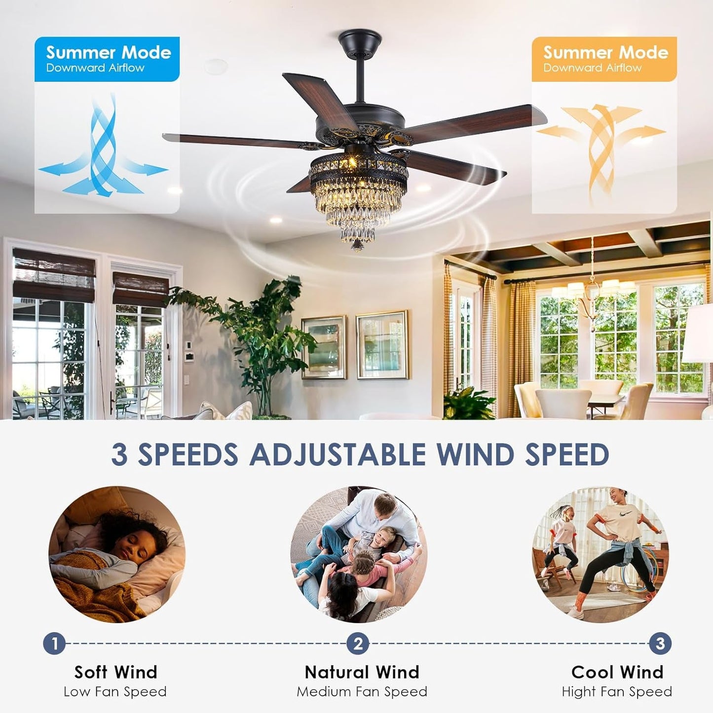 Crystal Ceiling Fan Fandelier with Lights - Modern Outdoor Fans with - Festival Furnish