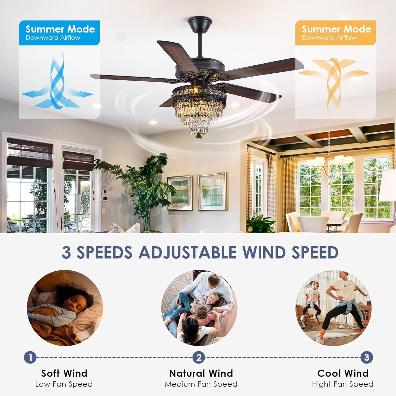 Crystal Ceiling Fan Fandelier with Lights - Modern Outdoor Fans with - Festival Furnish