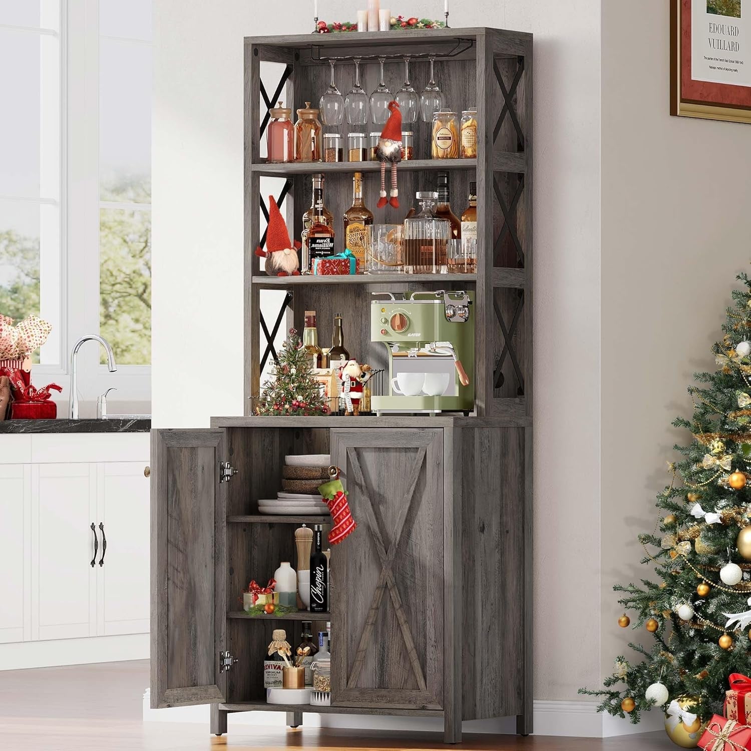 67" Tall Wine Bar Cabinet for Liquor and Glasses, Farmhouse Kitchen - Festival Furnish