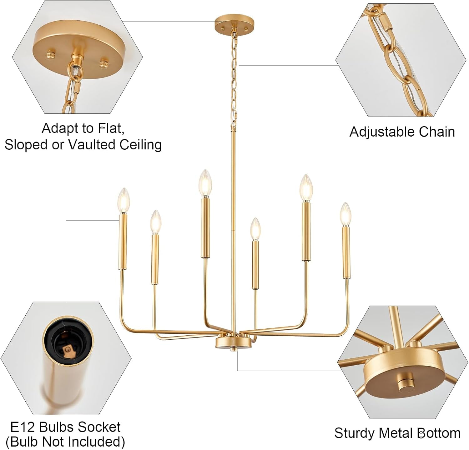 Modern Gold Chandelier for Dining Room,Metal 6-Light Kitchen Light - Festival Furnish