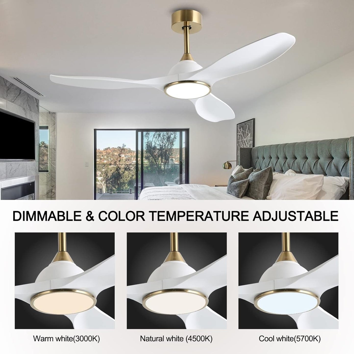 52 Inch 6 Speed High CFM Quiet DC Motor Modern Ceiling Fan with Lights