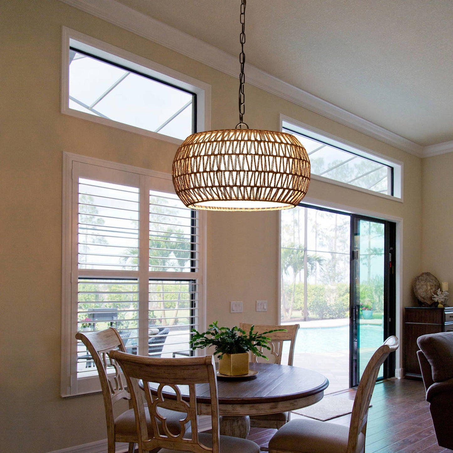Farmhouse Pendant Light with Adjustable Height, Boho Woven Jute Rope