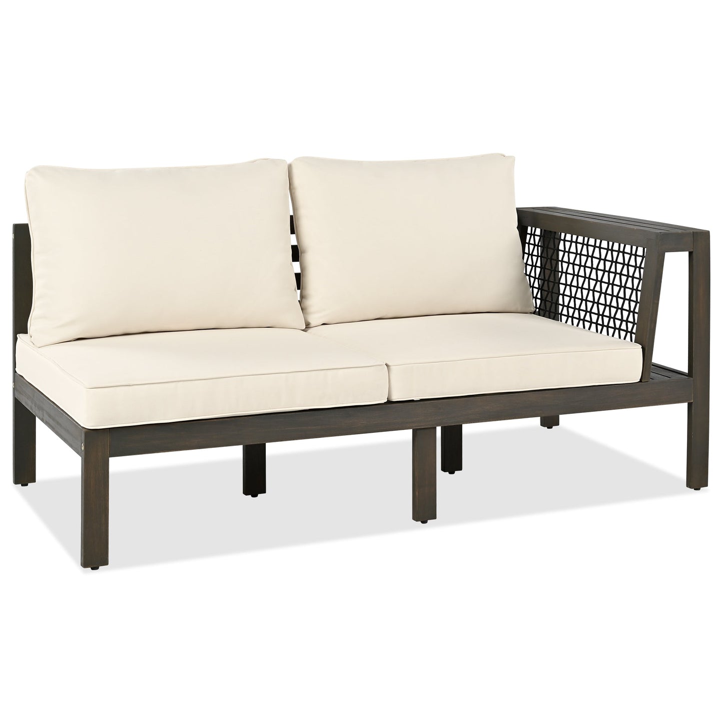 4 Pieces Outdoor Acacia Wood Sofa Set, Woven Mesh Armrests, L-Shaped - Festival Furnish