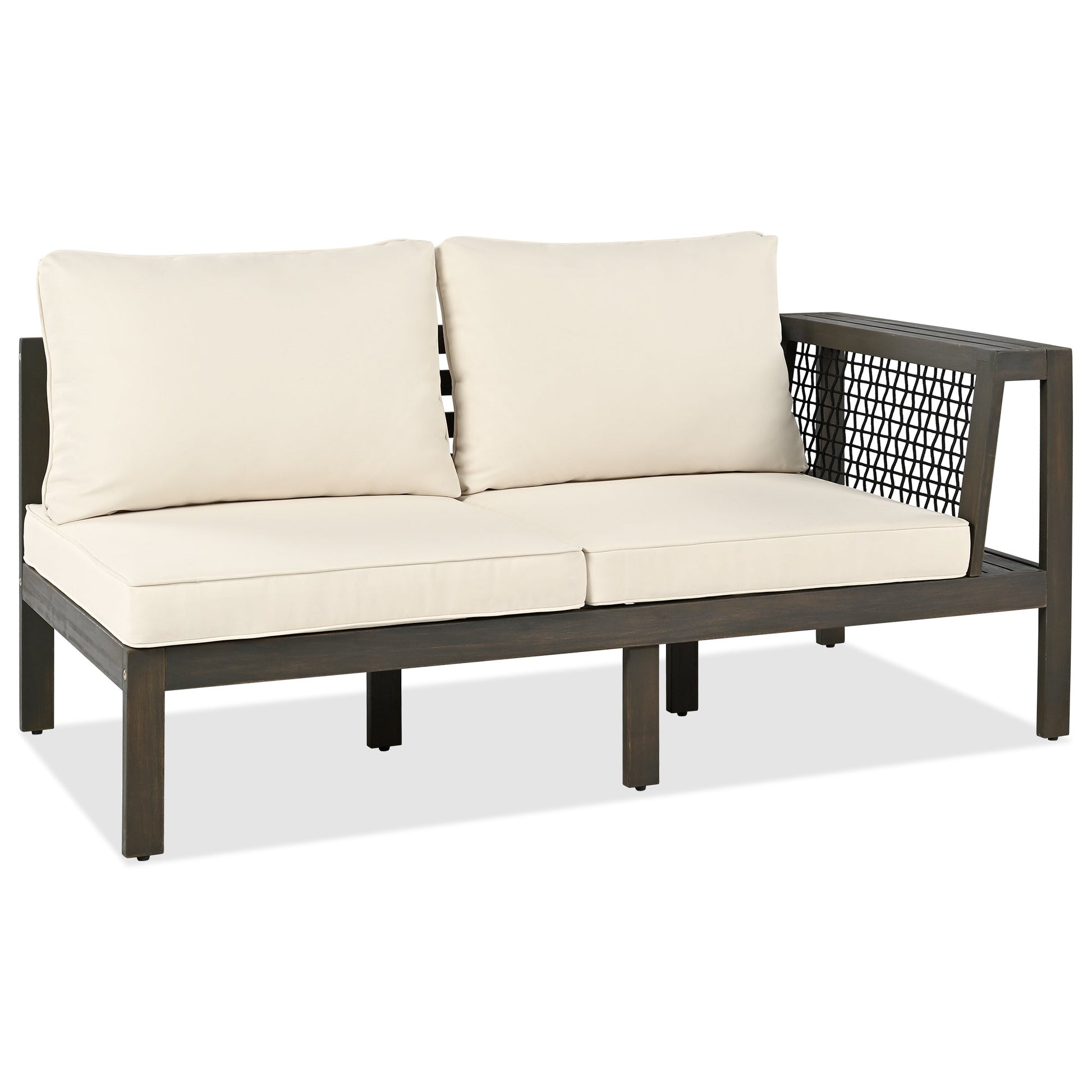 4 Pieces Outdoor Acacia Wood Sofa Set, Woven Mesh Armrests, L-Shaped - Festival Furnish