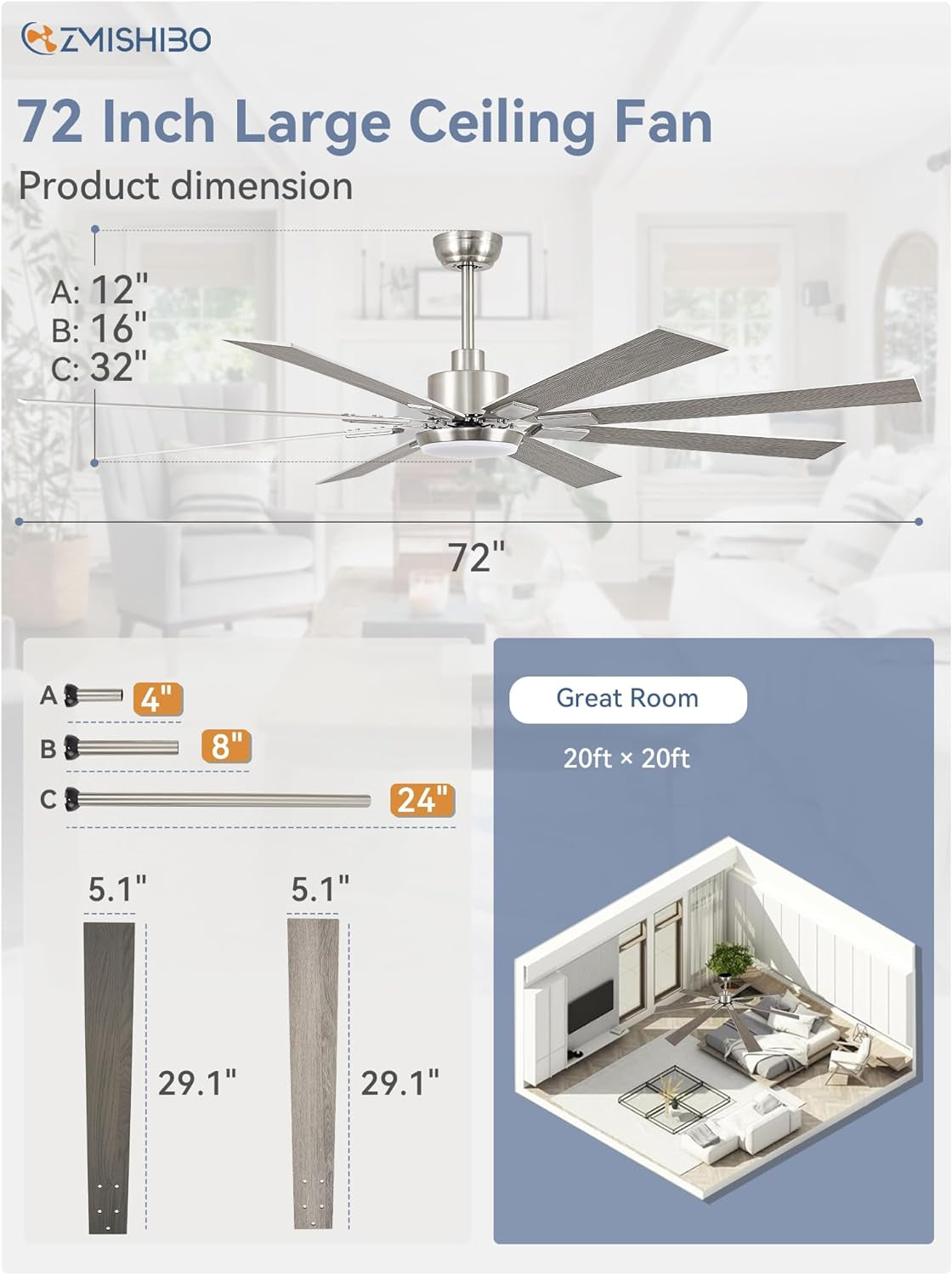 72 Inch Brushed Nickel Modern Ceiling Fans with Lights and Remote,