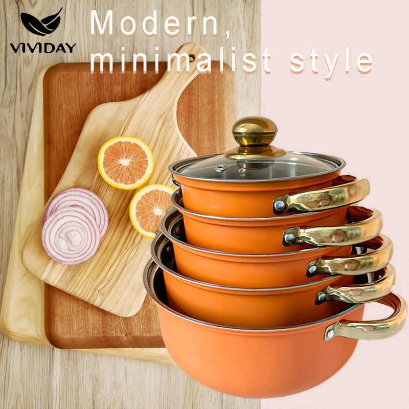 Elegant NonStick Cookware Set GoldHandled Soup Fry Milk Pans