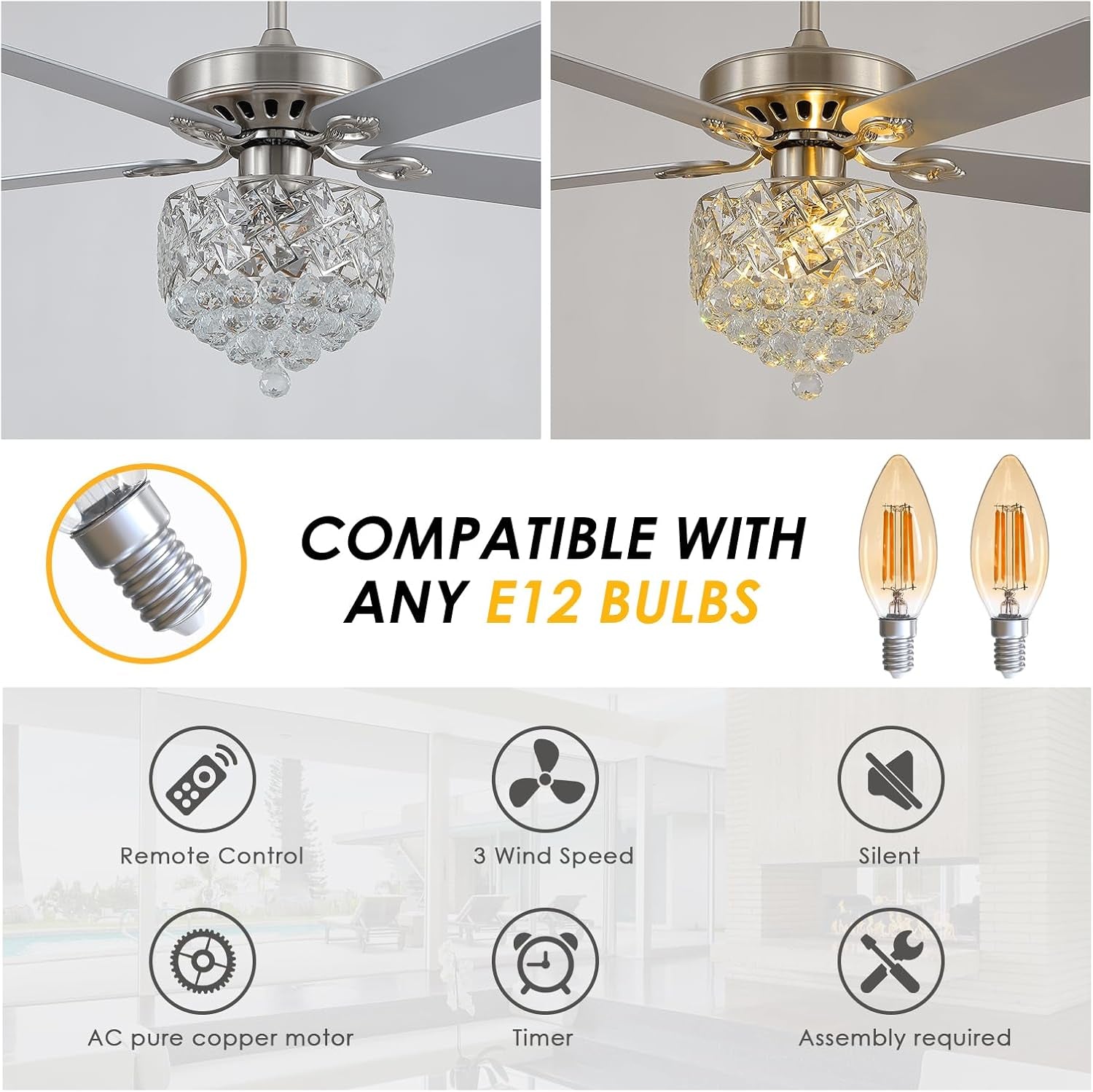 Ceiling Fan Fandelier with Lights-52 Modern Chandelier Fan with - Festival Furnish