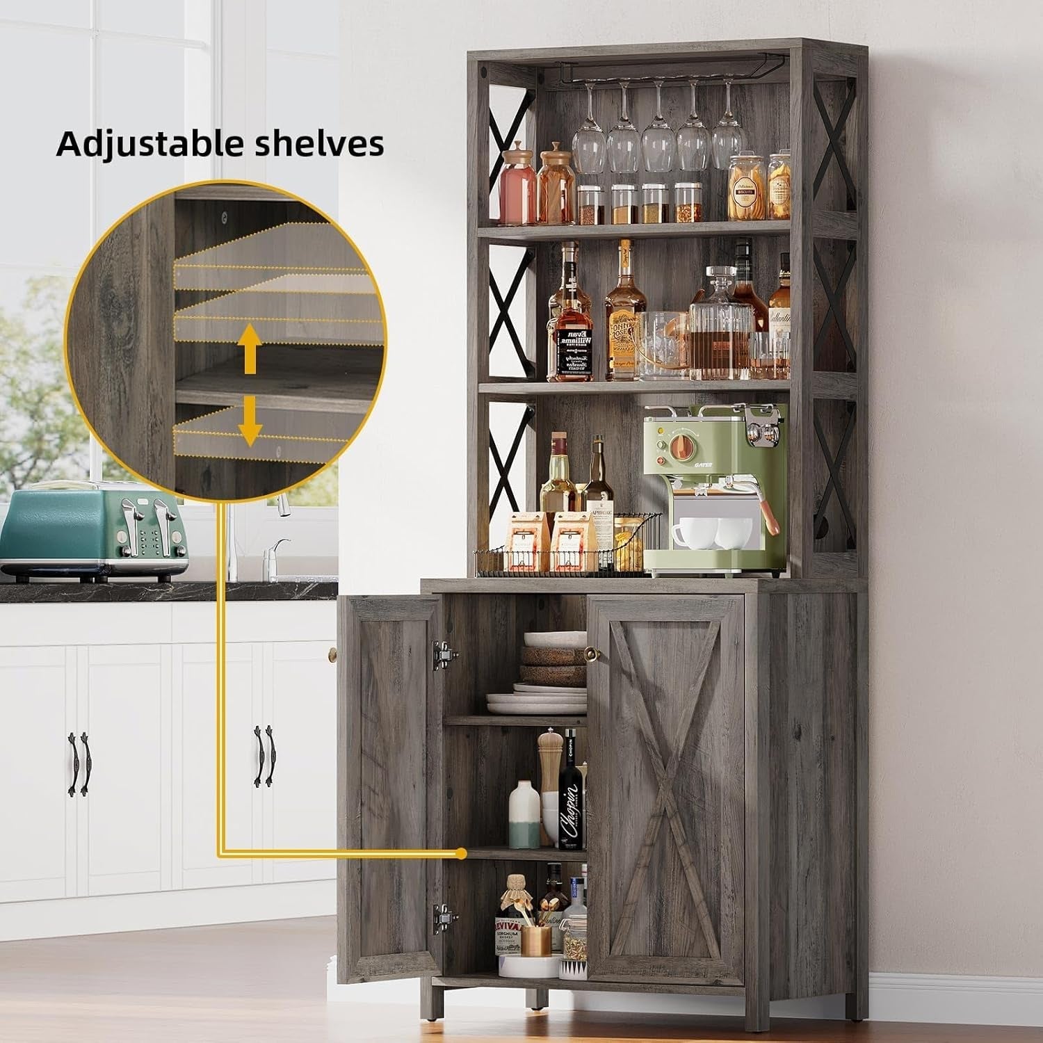 67" Tall Wine Bar Cabinet for Liquor and Glasses, Farmhouse Kitchen - Festival Furnish