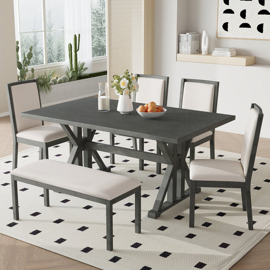 Farmhouse Classical 6-Piece Dining Table Set with Trestle Legs,Kitchen - Festival Furnish