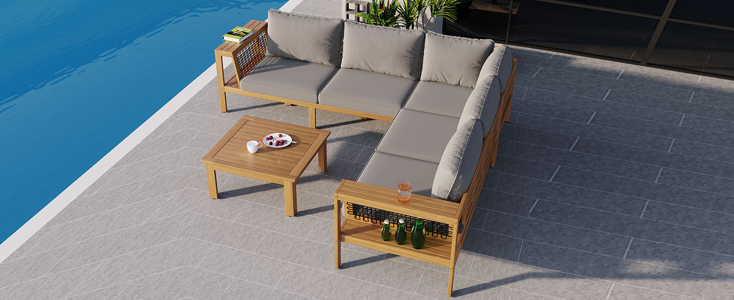 4 Pieces Outdoor Acacia Wood Sofa Set, Woven Mesh Armrests, L-Shaped - Festival Furnish