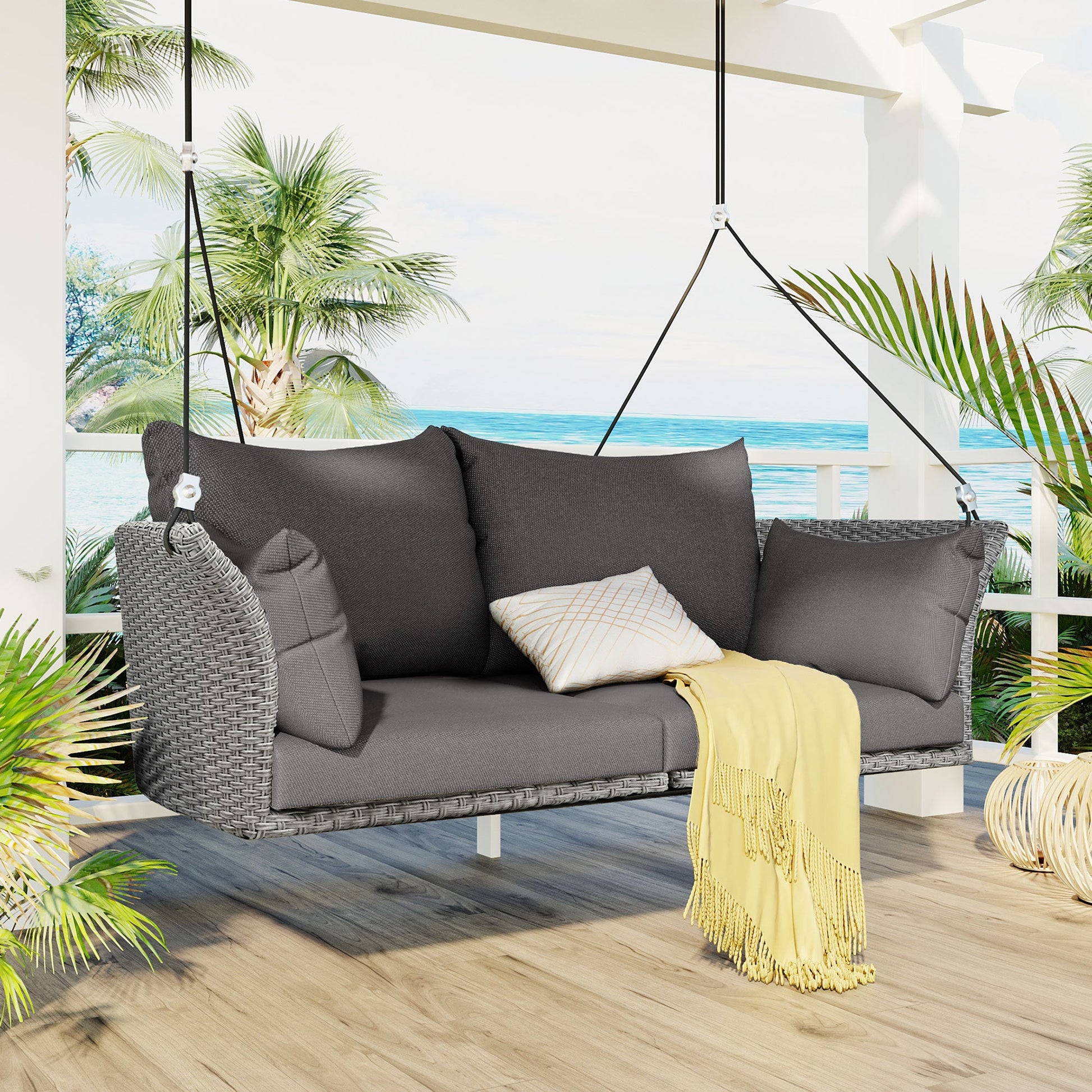 51.9" 2-Person Hanging Seat, Rattan Woven Swing Chair, Porch Swing - Festival Furnish