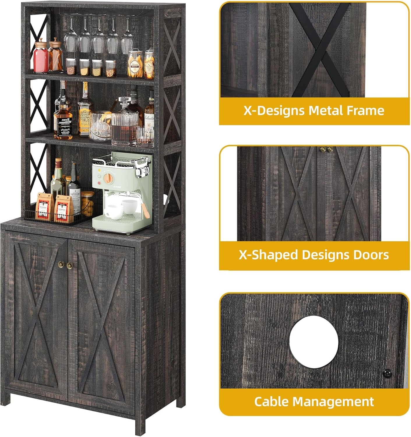 67" Tall Wine Bar Cabinet for Liquor and Glasses, Farmhouse Kitchen - Festival Furnish