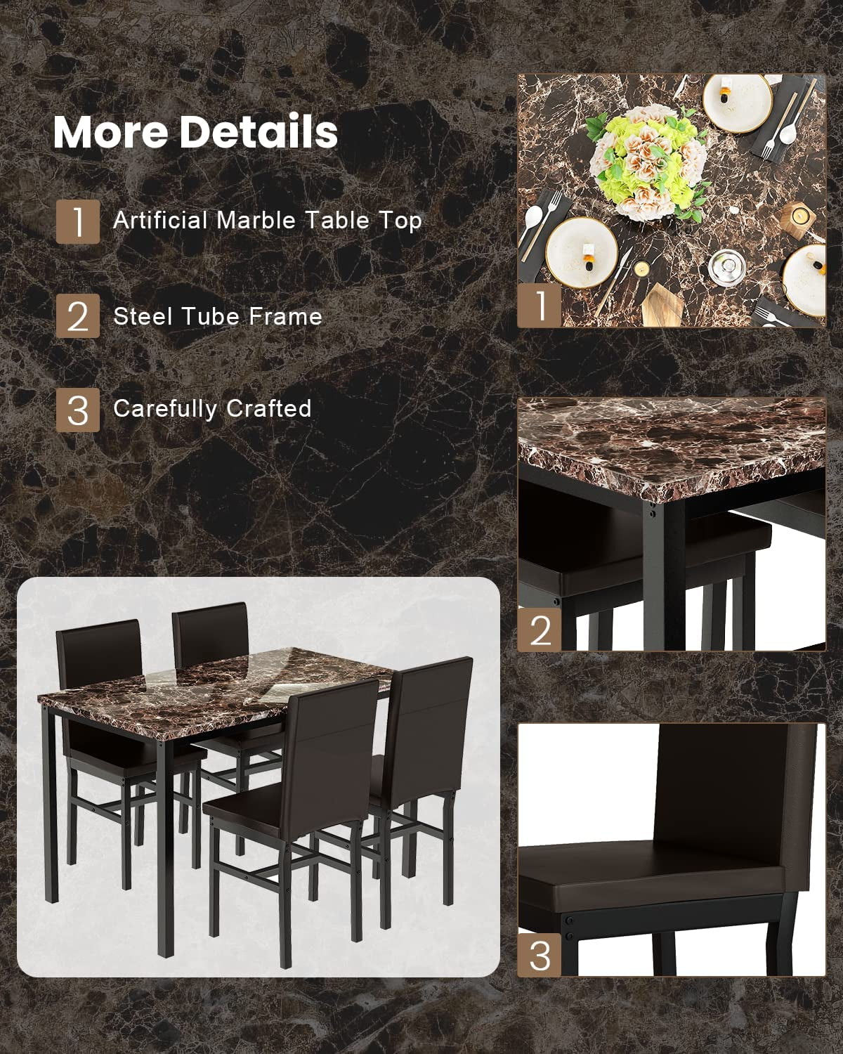 Faux Marble Dining Set, Small Spaces Kitchen, Black - Festival Furnish