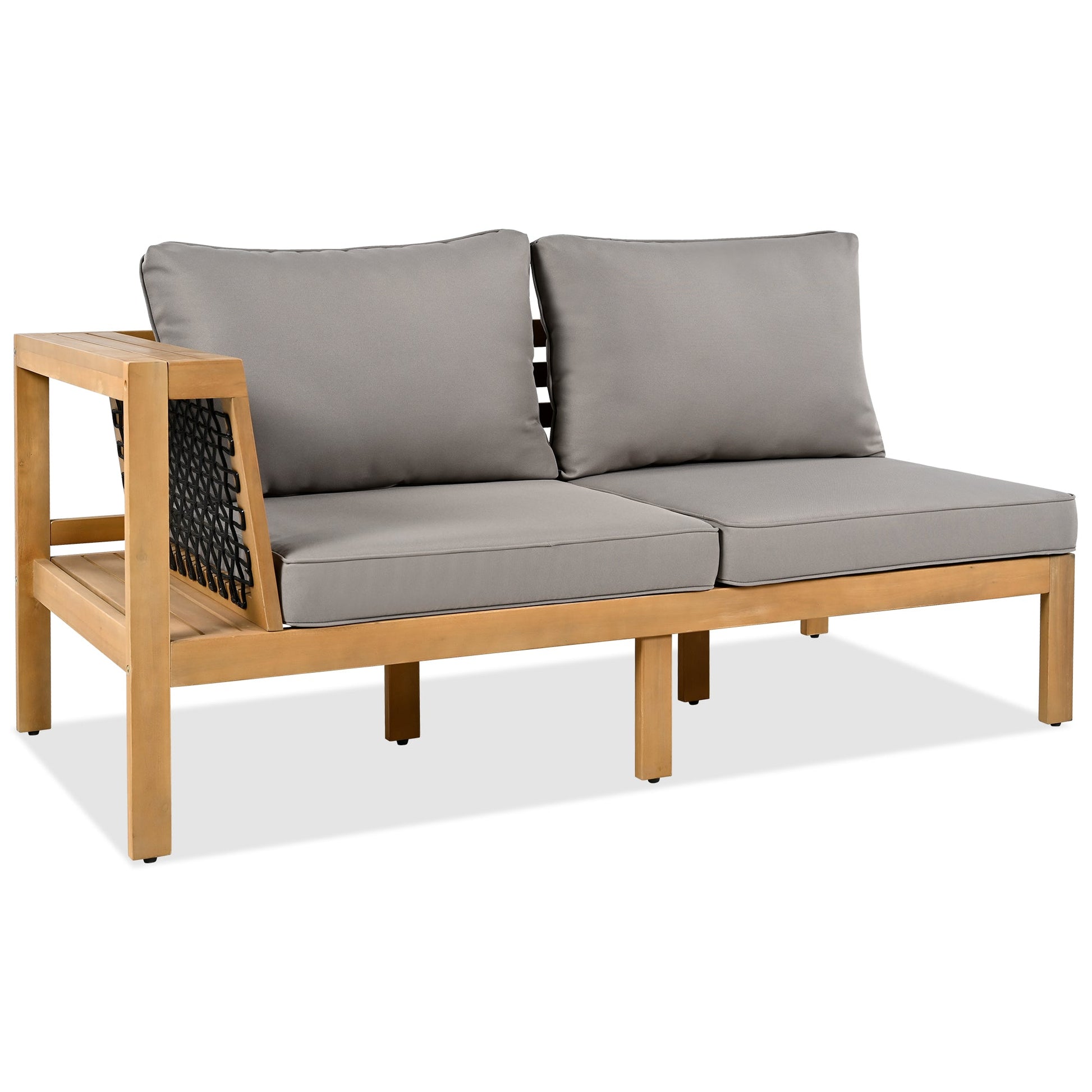 4 Pieces Outdoor Acacia Wood Sofa Set, Woven Mesh Armrests, L-Shaped - Festival Furnish